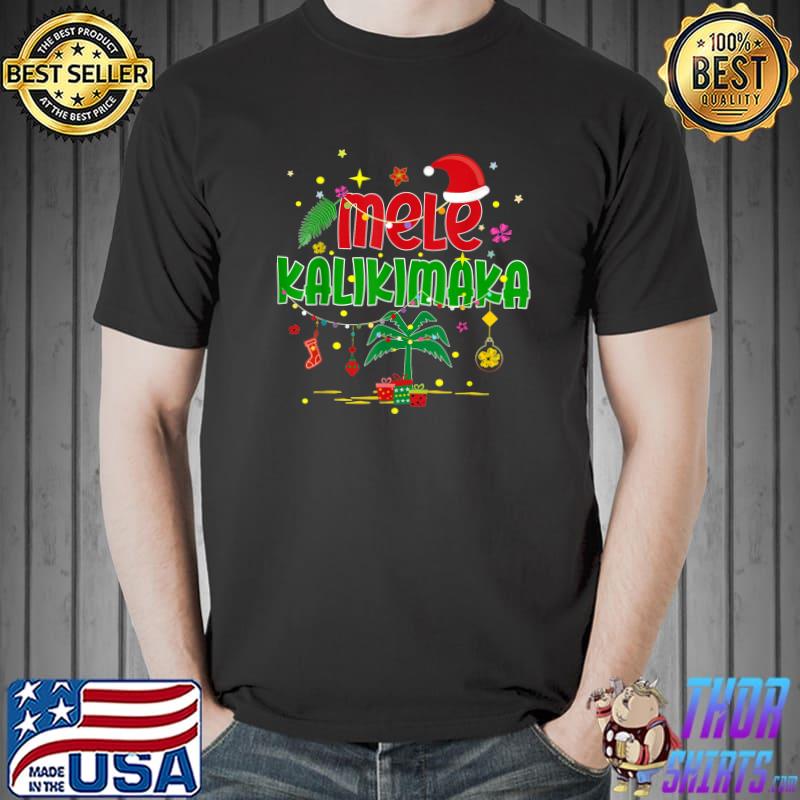Mele Kalikimaka Hawaiian Christmas Palm Tree Lights Xmas Santa Hat T-Shirt