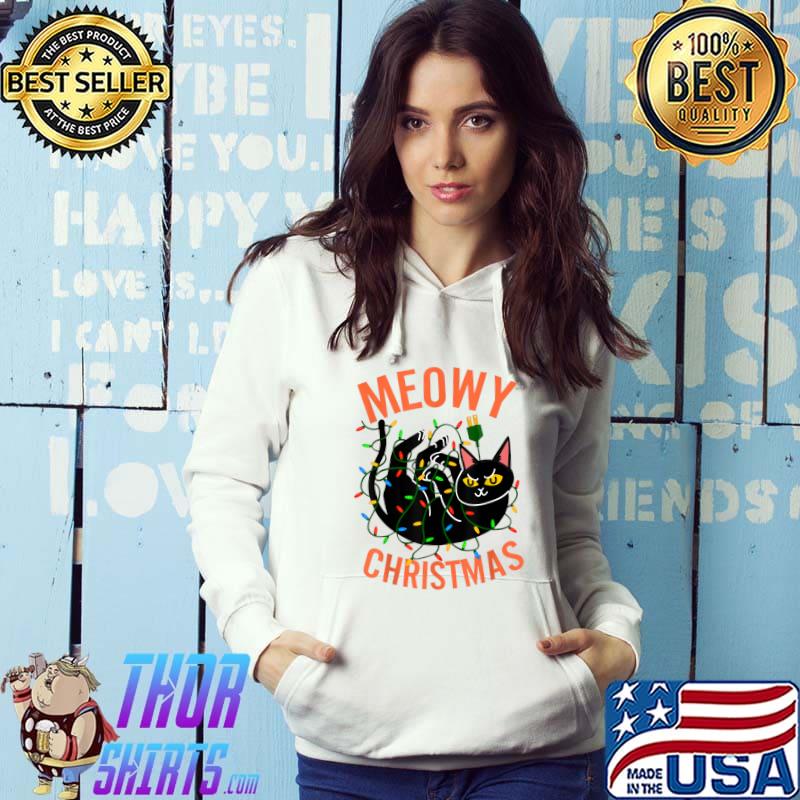 Meowy Christmas Cat Meme Gift Cat Lover Meowy Christmas Tree Light T-Shirt Hoodie