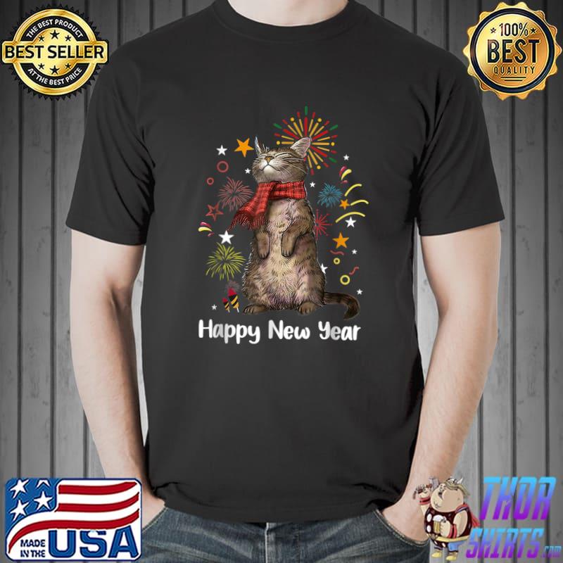 Meowy New Year Cat Happy Kitten New Year Fireworks T-Shirt