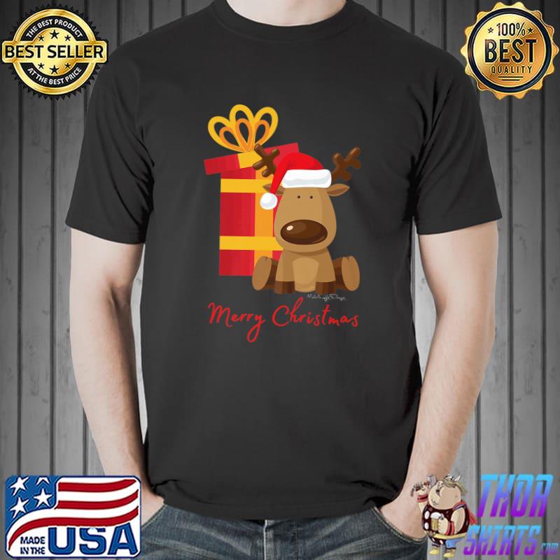 Merry Reindeer Christmas Santa Hat And Gift T-Shirt