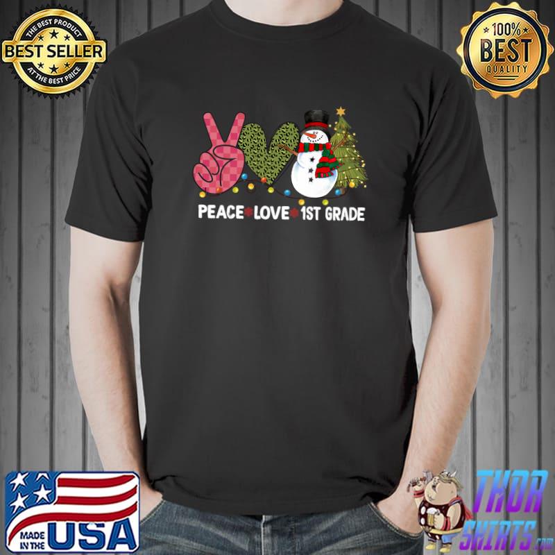 Peace Love Snowman Xmas Plaid Christmas 1st Grade Teacher Heart Leopard T-Shirt