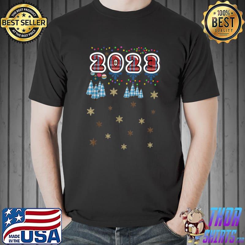 Red Buffalo Plaid Print Happy New Year 2023 Lights T-Shirt