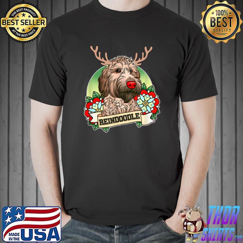 Reindoodle Reindeer Doodle Christmas Dog Flowers T-Shirt