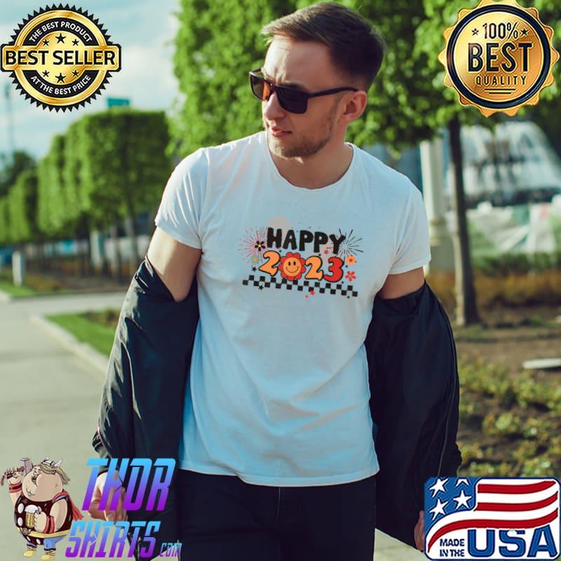 Retro Happy New Year 2023 Groovy Happy Face Fireworks Flower T-Shirt