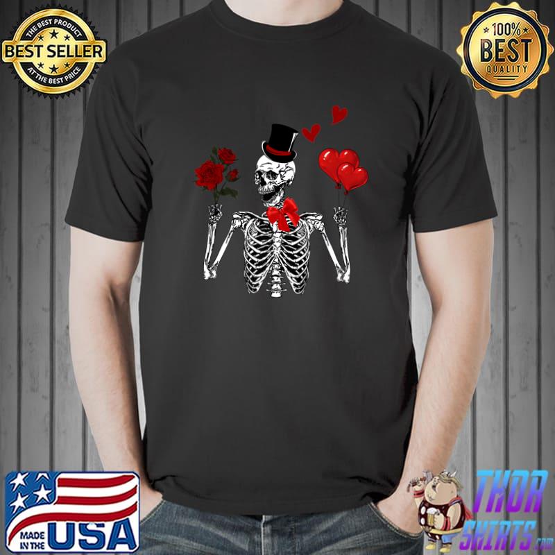 Skeleton Valentine Skull Rose And Red Heart Loves Couple T-Shirt