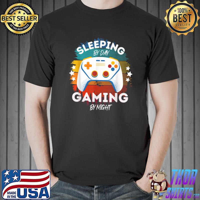Sleeping By Day Gaming By Night Stars Vintage Christmas Gamer T-Shirt