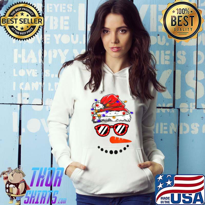 Snowman Face With Sunglasses Santa Hat Lights Nose Carrot Christmas T-Shirt Hoodie