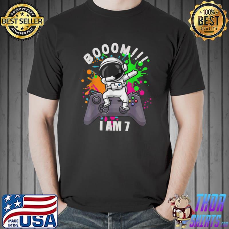 Spaceman Birthday Booom I Am 7 7 Years Old 7th Birthday Video Gamer Watercolor T-Shirt