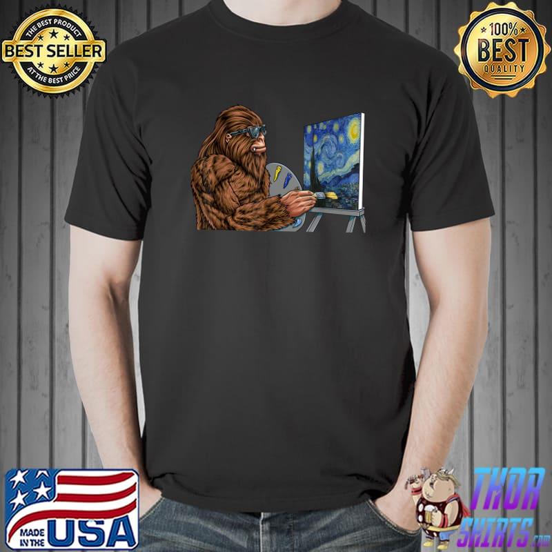 Starry Night Bigfoot Painting Sasquatch Graphic Art T-Shirt