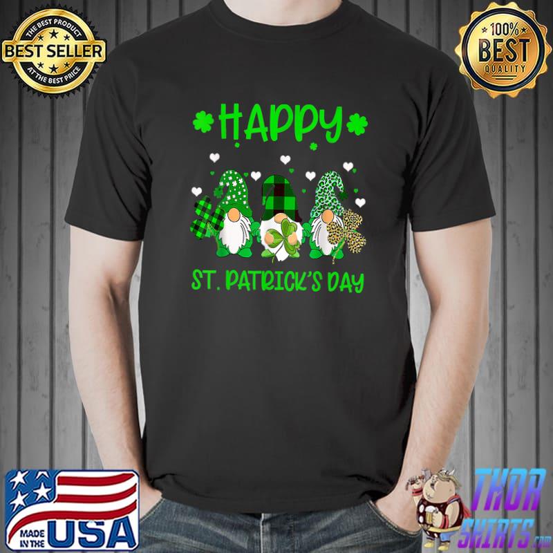 Three Gnomes Holding Shamrock Leopard Plaid Happy St Patrick's Day T-Shirt