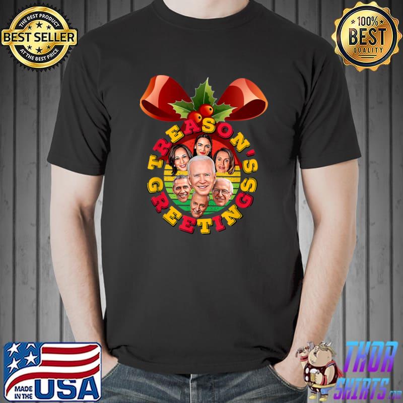 Treason Greeting Biden Kamala Harris Swamp Xmas Wreath Ugly Christmas Vintage T-Shirt