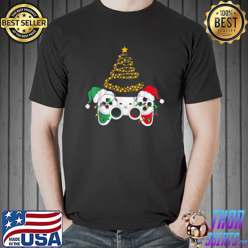 Video Game Controller Lights Tree Christmas Santa Hat Gamer T-Shirt