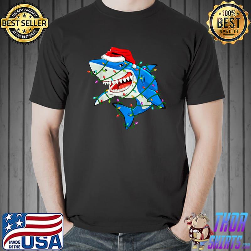 Xmas Shark With Santa Hat And Tree lights Boys Girls Family T-Shirt