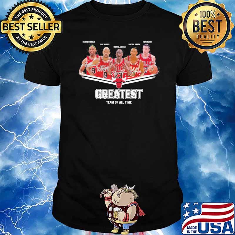 Bulls greatest team of all time Dennis Rooman Michael Jordan signatures shirt