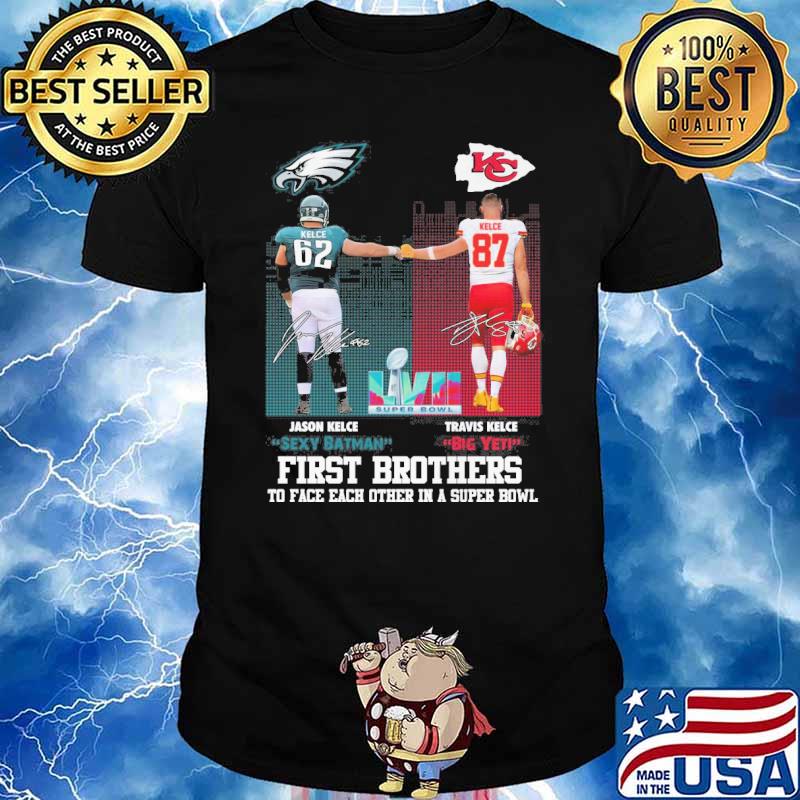 Jason Kelce sexy batman Travis Kelce Big yet first brothers to face each other in a super bowl Kansas city Chiefs and Eagles signatures shirt