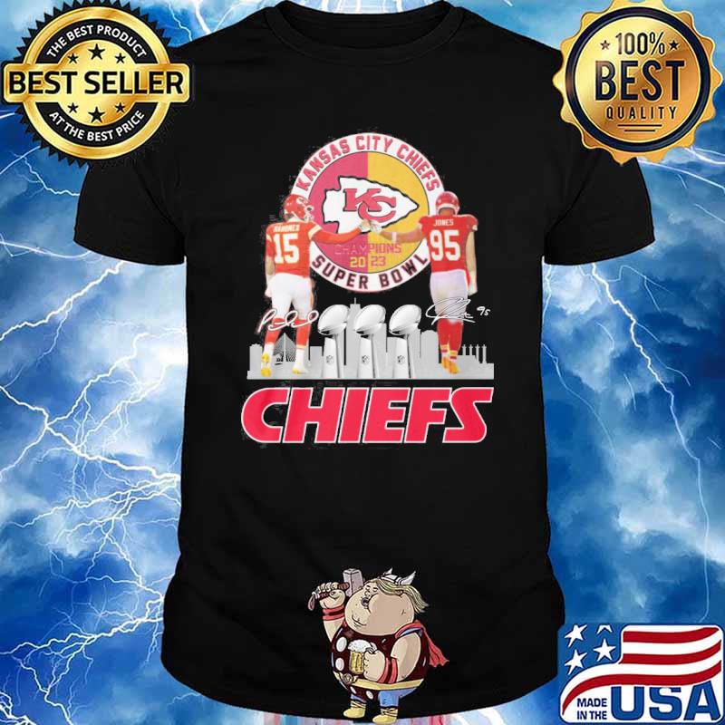 Kansas city Chiefs champiosn 2023 super bowl Kahomes Jones signatures shirt