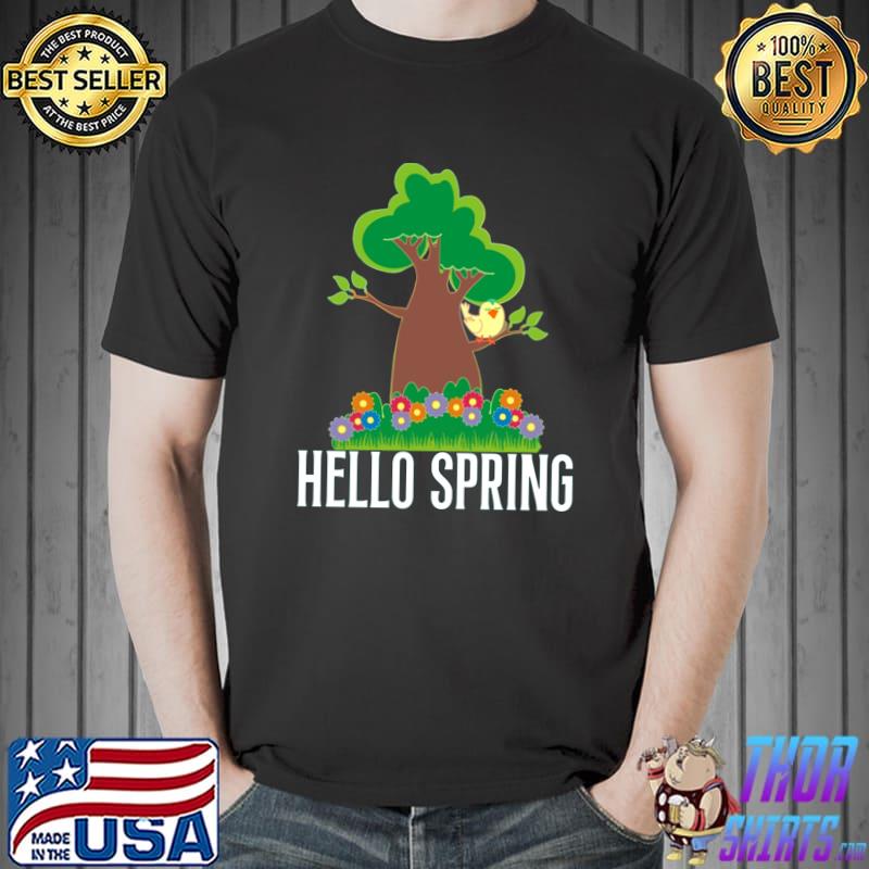 Hello Spring Season Tree Flowers Bird T-Shirt