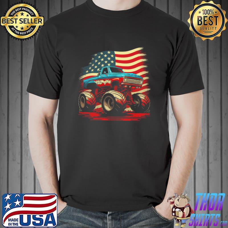 Monster Truck 4th Of July Vintage American Flag Patriotic T-Shirt