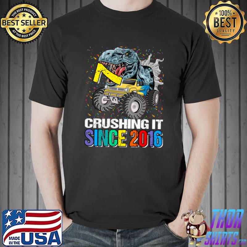 7 Crushing It Since 2016 Monster Truck Dinosaur 7th Birthday Colors T-Shirt