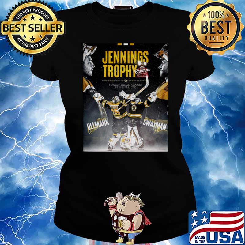 Jennings Trophy Champs Fewest Goals Against in the NHL Linus Ullmark and Jeremy Swayman s Ladies tee