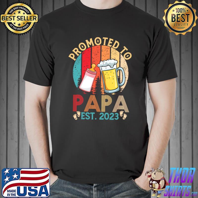 Promoted To Papa Est 2023 Baby Reveal New Dad Fathers Day Retro Sunset T-Shirt
