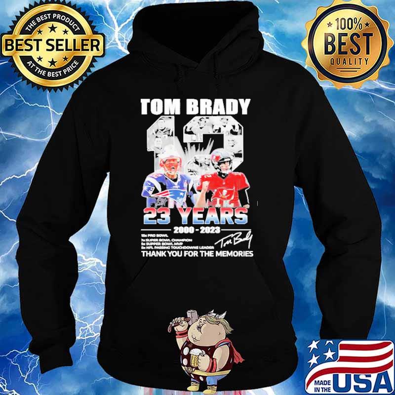 12 tom brady 2000 2023 thank you for the memories signatures shirt, hoodie,  sweater, long sleeve and tank top