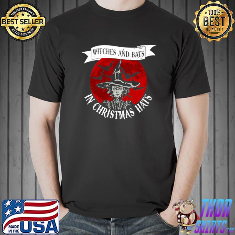 Witches And Bats In Christmas Hats Witch Bats Bloodmoon Halloween T-Shirt