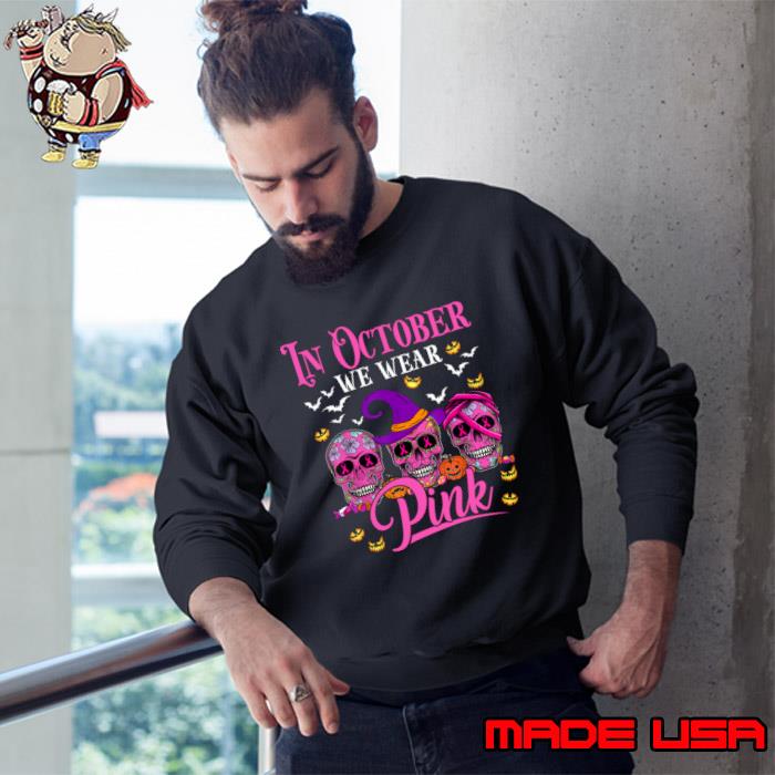 In October We Wear Pink Breast Cancer Skull Bats Halloween T-Shirt