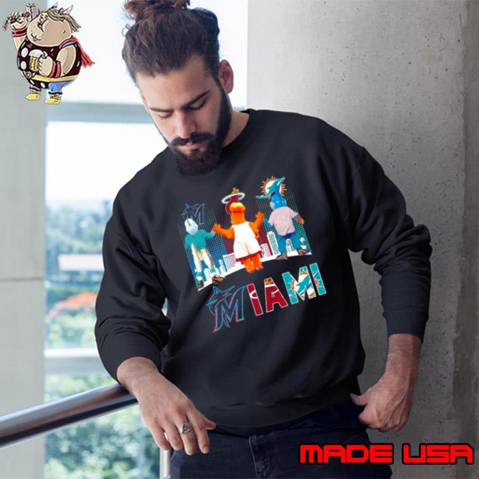 Miami sports team Miami Marlins Miami Heat and Miami Dolphins mascots  shirt, hoodie, sweater, long sleeve and tank top