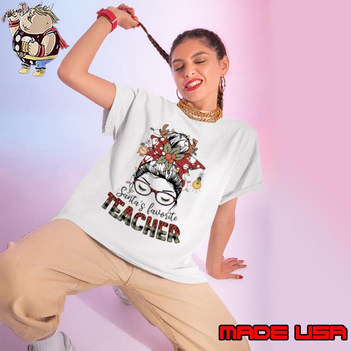 Santa's favorite teacher messy bun leopard merry christmas T-Shirt Ladies tee