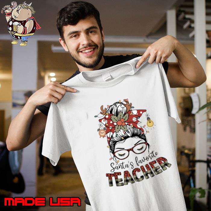 Santa's favorite teacher messy bun leopard merry christmas T-Shirt Unisex