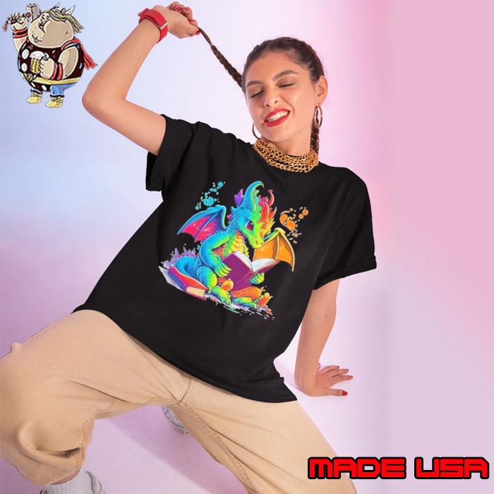 Cute Dragon Reading Book Watercolor Shirt Ladies tee