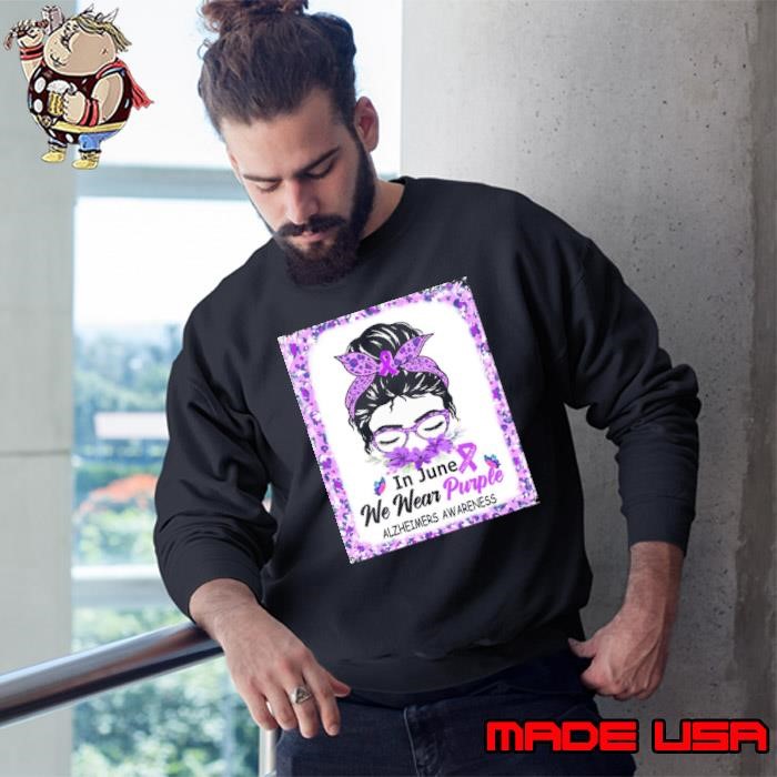 Funny In June We Wear Purple Alzheimer Awareness Messy Bun Leopard Flowers Sweatshirt