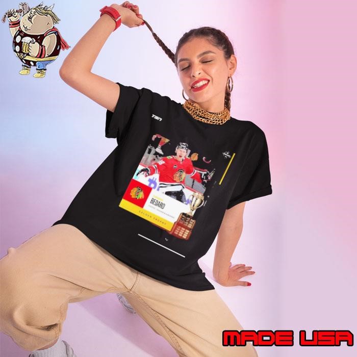 Connor Bedard Centre Chicago Blackhawks 2024 Calder Trophy Awards Ladies tee
