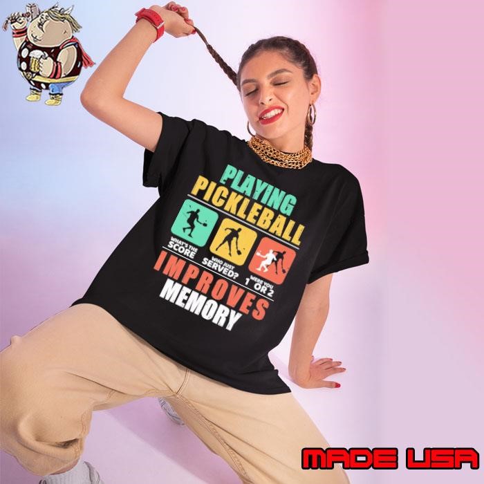 Nice Playing pickleball what's the score who just served improves memory retro Ladies tee