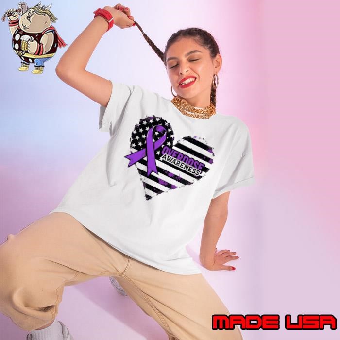Overdose Awareness Purple Ribbon Heart American Flag Ladies tee