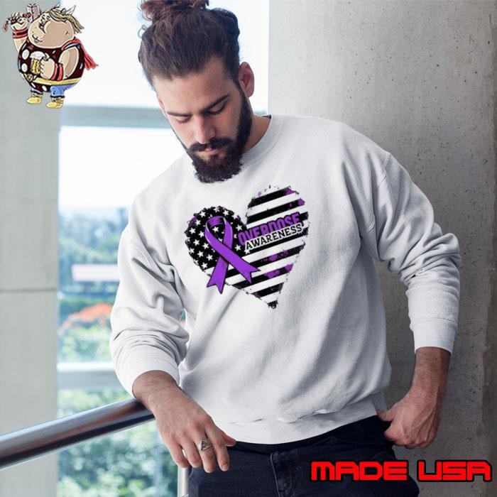 Overdose Awareness Purple Ribbon Heart American Flag Sweatshirt