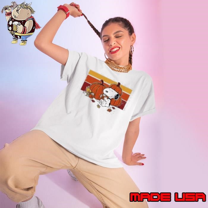 Snoopy And Woodstock Peanuts Autumn With A Pumpkin Spice Latte Ladies tee