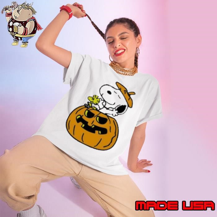 Halloween Pumpkin Snoopy And Woodstock Cartoon Ladies tee