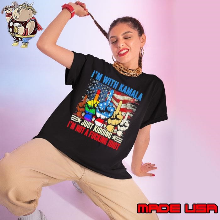 I'm with kamala just kidding i'm not a fucking idiot middle finger usa flag Ladies tee
