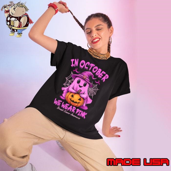 In October We Wear Pink Ghost Witch Breast Cancer Awareness Pumpkin Halloween T-Shirt