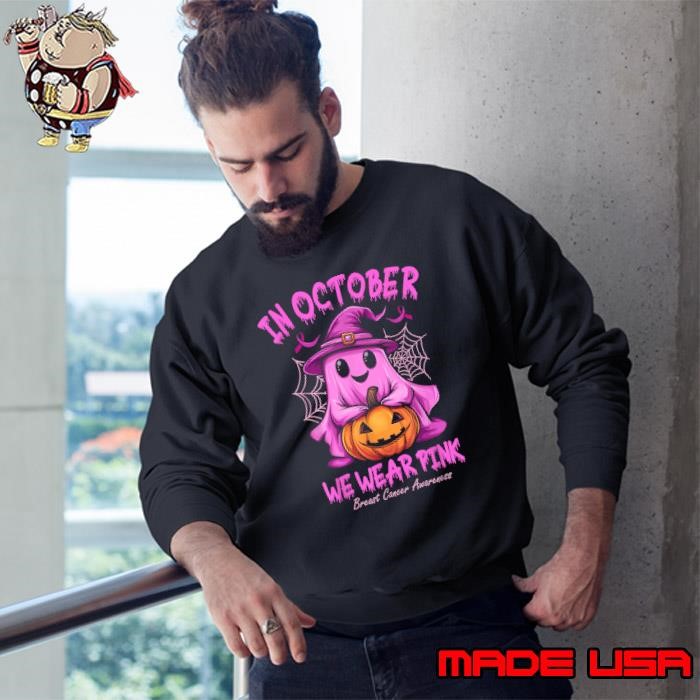 In October We Wear Pink Ghost Witch Breast Cancer Awareness Pumpkin Halloween Sweatshirt
