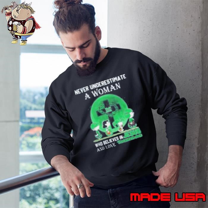 Peanuts Characters Never Underestimate A Woman Who Believes In Jesus And Loves Marshall Thundering Herd Sweatshirt