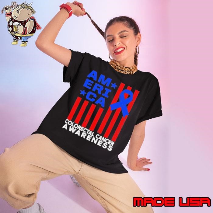 America Colorectal Cancer Survivor Awereness Usa Flag Blue Ribbon Ladies tee