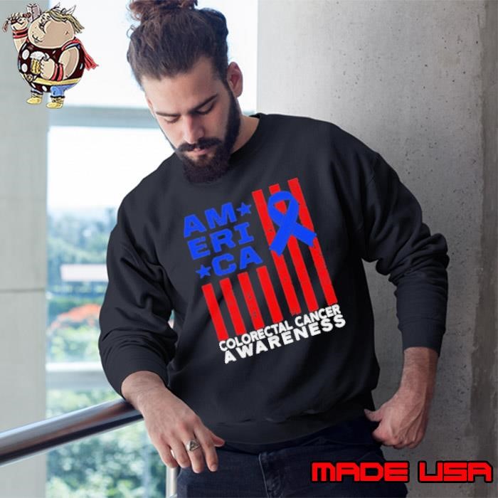 America Colorectal Cancer Survivor Awereness Usa Flag Blue Ribbon Sweatshirt