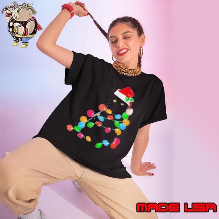 Black Cat Christmas lights Ladies tee