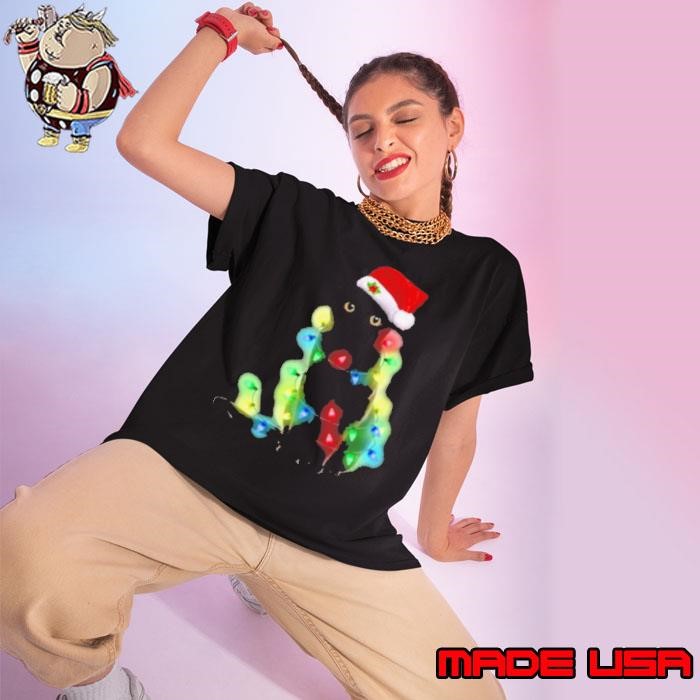 Black Cat Santa Light Merry Christmas Ladies tee