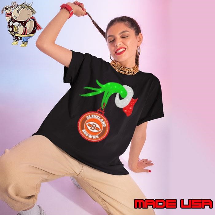 Grinch Hand Holding Cleveland Browns Christmas Ladies tee