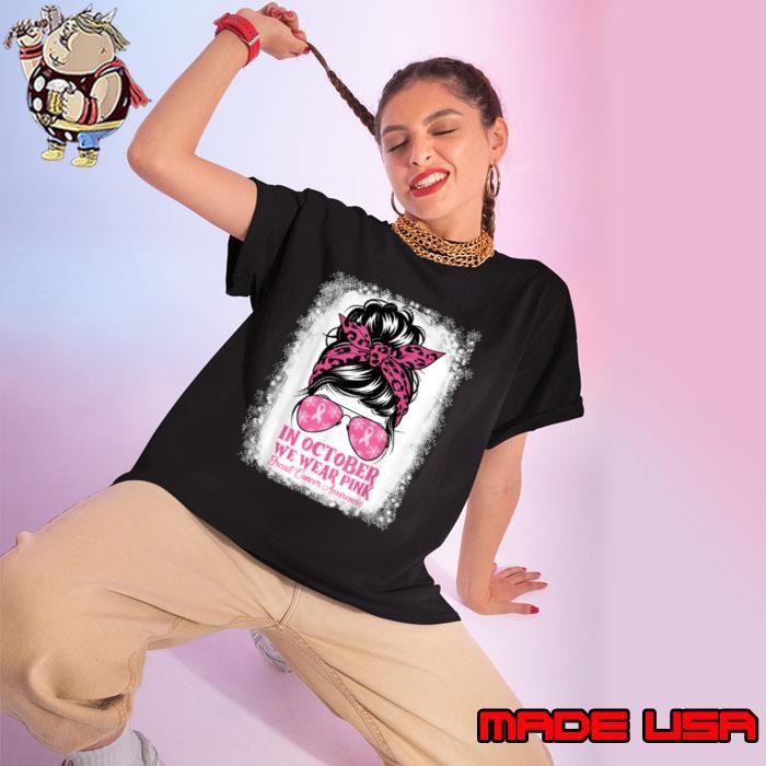 In October We Wear Pink Cheer Bow Breast Cancer Messy Bun Leopard Ladies tee