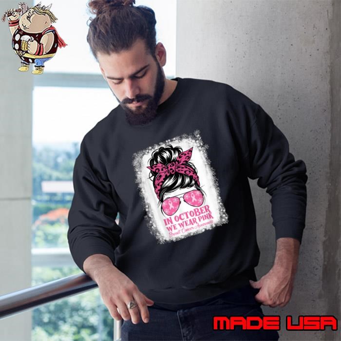 In October We Wear Pink Cheer Bow Breast Cancer Messy Bun Leopard Sweatshirt
